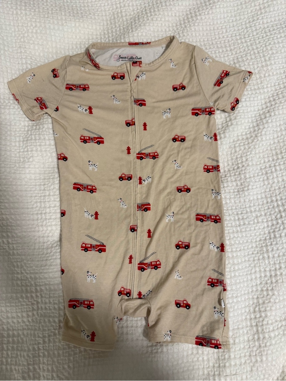 Brave Little Ones 2T Fire Truck Romper in Tan and Red